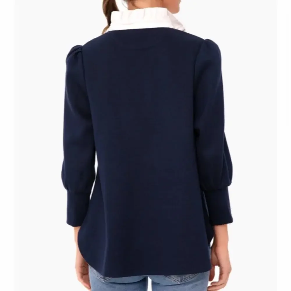 Tuckernuck pomander place Charlotte blouse ruffle neck navy blue preppy timeless
